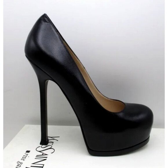 Yves Saint Laurent Shoes - YSL Yves Saint Laurent 8 Tribtoo 105 Leather Platform Pumps Stiletto Heel Black
